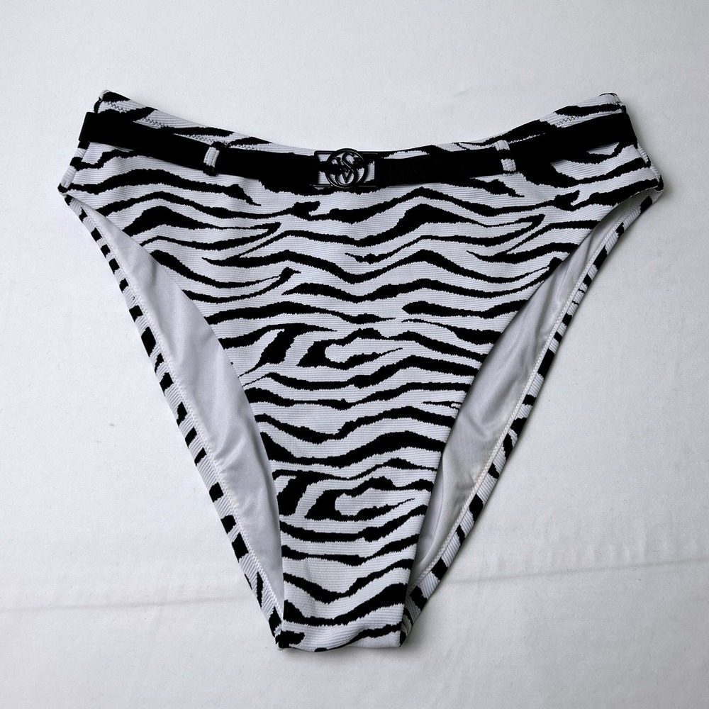 Victorias Secret Women Zebra Belted High Waist Bikini Bottom Size XL Black White